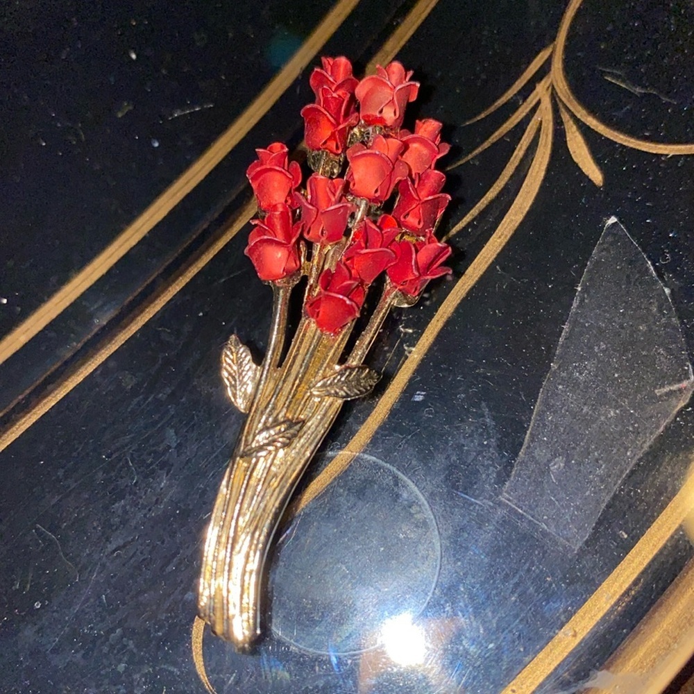 Vintage Red Rose Form Metal Brooch